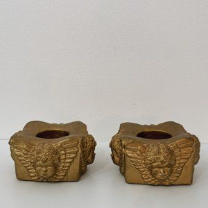 VTG Gold Cherub Angel Baby Candle Holders, Set of 2
